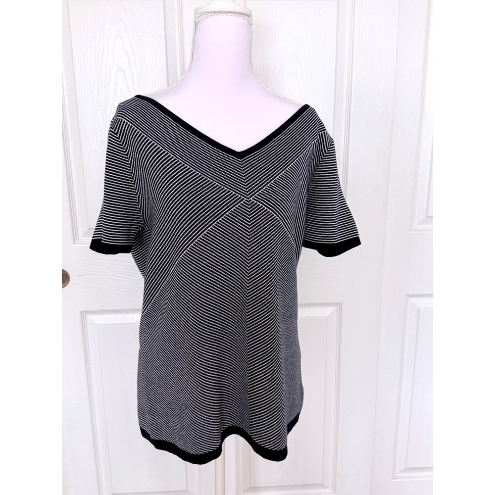 Jones New‎ York Knit Top Women XL Navy Blue White Striped V-Neck Short Sleeve